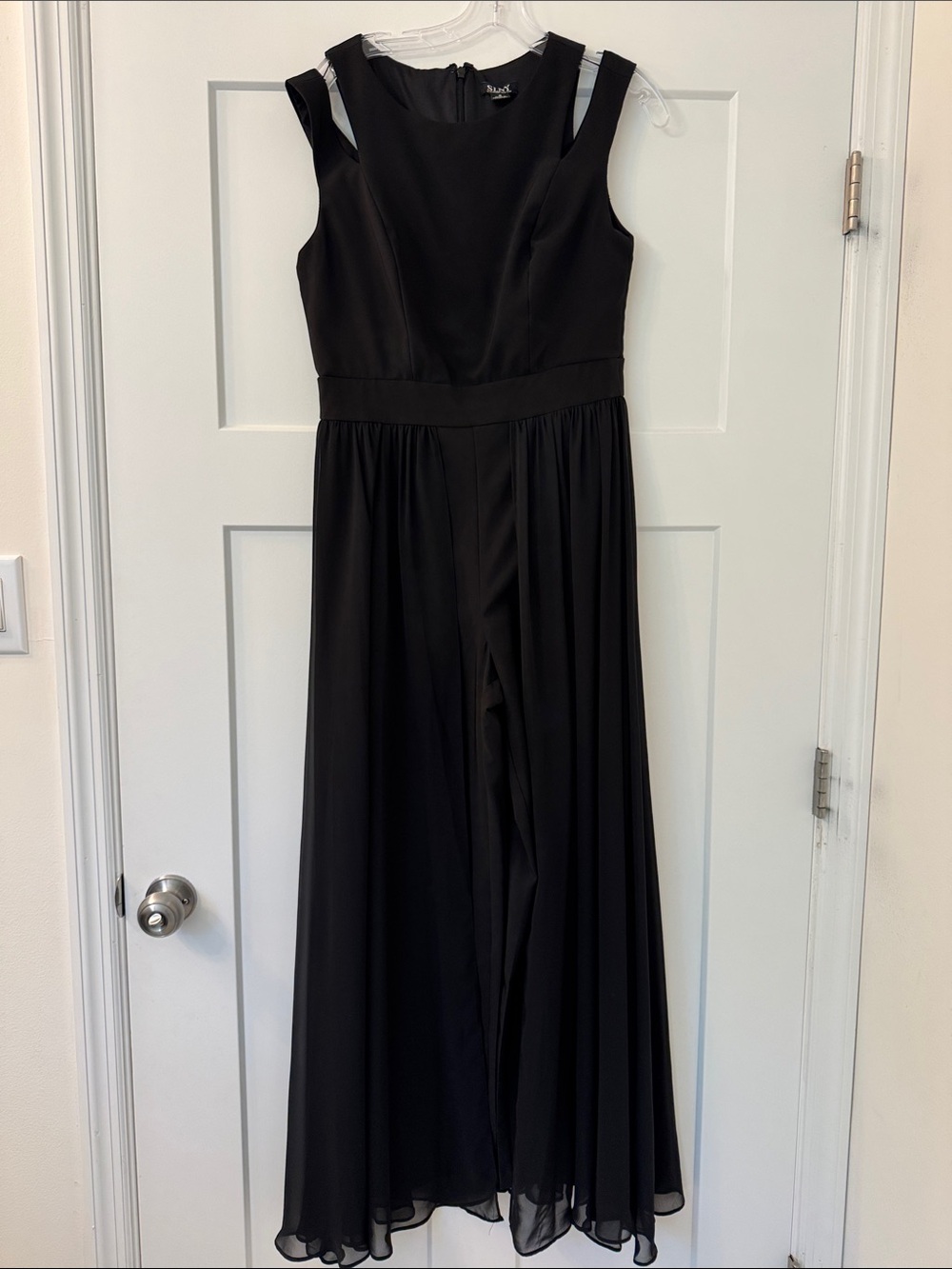 SLNY Black Sleeveless Jumpsuit with Flowing Skirt